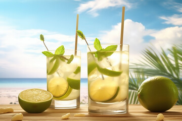 Lemonade cocktails on the beach close-up. Vacation background. Ai generated