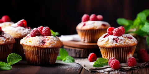 Wall Mural - Homemade muffins with raspberries and mint on a wooden background