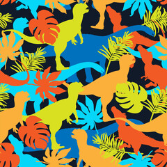 Wall Mural - Seamless pattern with  dino and palm leaves.  Background for textile, fabric, stationery, clothes, accessories and other designs.