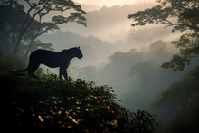 Black Panther (black Jaguar) In The Jungle At A Misty Sunrise. Amazing Wildlife. Generative Ai