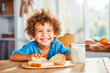 happy little boy eating breakfast. Healthy breakfast in the morning. Child eating breakfast. Generative AI