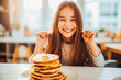 © VisualProduction - happy little girl eating breakfast pancakes. Healthy breakfast in the morning. Child eating breakfast. Generative AI