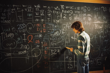 Teenager writing a mathematical equation on blackboard. Smart young person in school. Learning and school concept. Generative AI