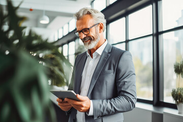 Happy middle aged man ceo wearing a suit working on tablet computer. Generative AI