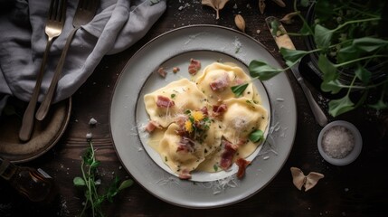 Wall Mural - top down view of ravioli carbonara  - food photography