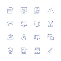 Education line icon set on transparent background with editable stroke. Containing file, video, exam, triangle, education, study, student, diploma, reading book, radio, globe, poetry, class, pencil.