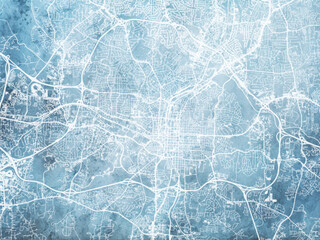 Wall Mural - Illustration of a map of the city of  Raleigh North Carolina in the United States of America with white roads on a icy blue frozen background.