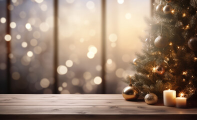 wooden table top for product display mockup with festive christmas tree background
