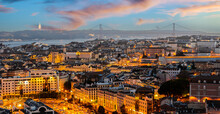 Aerial View Of Lisbon Cityscape During Dusk Time With Beautiful Sky , Portugal