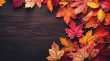 Autumn Background With Colored Red Leaves On Background. Top View, Copy Space. Generative AI