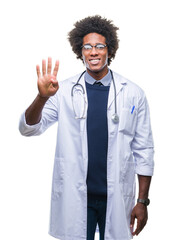 Sticker - Afro american doctor man over isolated background showing and pointing up with fingers number four while smiling confident and happy.