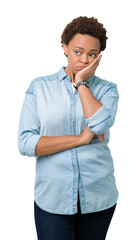 Sticker - Young beautiful african american woman over isolated background thinking looking tired and bored with depression problems with crossed arms.