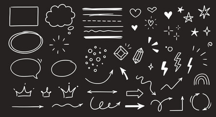 Aufkleber - Sketch line arrow element, star, heart shape on chalkboard background. Hand drawn doodle sketch style circle, cloud speech bubble grunge element. Arrow, star, heart decoration. Vector illustration