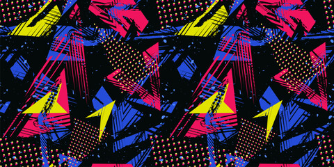 abstract seamless sport pattern. urban art vector grunge texture with neon lines, triangles, chaotic