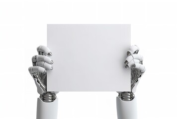 photo of hands of an artificial intelligence ai robot holding a a4 white blank paper isolated on whi