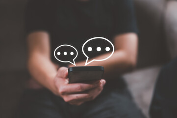 social online concept, man using smartphone chatting sending and reading text messages from internet network technology platform, social distancing, shopping, communication online