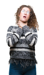 Poster - Beautiful brunette curly hair young girl wearing glasses over isolated background shouting and suffocate because painful strangle. Health problem. Asphyxiate and suicide concept.