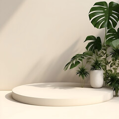 3d render empty space white podium with monstera leaf house plant Podium for a product shoot. AI Generative Illustration.