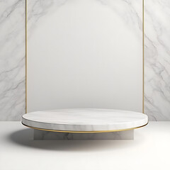 3d render empty space white marble texture podium.  AI Generative Illustration. Podium for product shoot. Minimal Display for product.