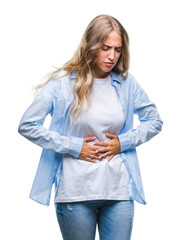 Sticker - Beautiful young blonde woman over isolated background with hand on stomach because indigestion, painful illness feeling unwell. Ache concept.