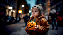 Little Girl With A Halloween Trick Or Treat Basket Lost Alone In The Street, Ai Generated
