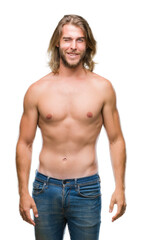 Poster - Young handsome shirtless man with long hair showing sexy body over isolated background winking looking at the camera with sexy expression, cheerful and happy face.