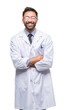© Krakenimages.com - Adult hispanic scientist or doctor man wearing white coat over isolated background happy face smiling with crossed arms looking at the camera. Positive person.