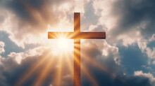 Cross In The Clouds And Rays Of Sun , Power Of Faith Concept
