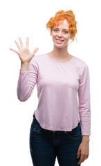 Poster - Young redhead woman showing and pointing up with fingers number five while smiling confident and happy.