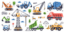 Construction Equipment And Heavy Machines For Industrial Work Vector Set