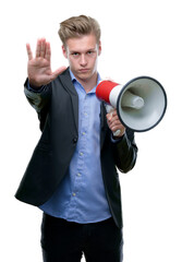 Poster - Young handsome blond man holding a megaphone with open hand doing stop sign with serious and confident expression, defense gesture