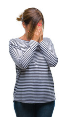 Sticker - Middle age senior hispanic woman over isolated background with sad expression covering face with hands while crying. Depression concept.