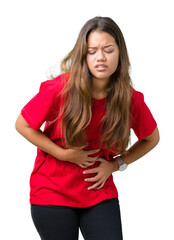 Poster - Young beautiful brunette woman wearing red t-shirt over isolated background with hand on stomach because nausea, painful disease feeling unwell. Ache concept.