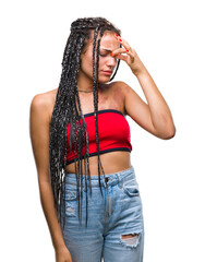 Sticker - Young braided hair african american with pigmentation blemish birth mark over isolated background tired rubbing nose and eyes feeling fatigue and headache. Stress and frustration concept.