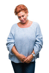 Sticker - Atrractive senior caucasian redhead woman wearing winter sweater over isolated background skeptic and nervous, frowning upset because of problem. Negative person.