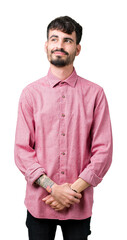 Sticker - Young handsome man wearing pink shirt over isolated background smiling looking side and staring away thinking.