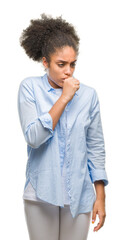 Sticker - Young afro american woman over isolated background feeling unwell and coughing as symptom for cold or bronchitis. Healthcare concept.