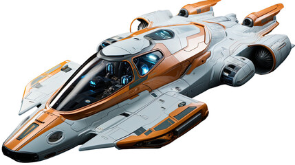 an orange and white model of a super speed space ship. transparent background