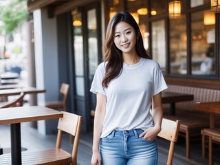 Wall Mural - Portrait of successful small Asian business owner in coffee shop. Generative AI