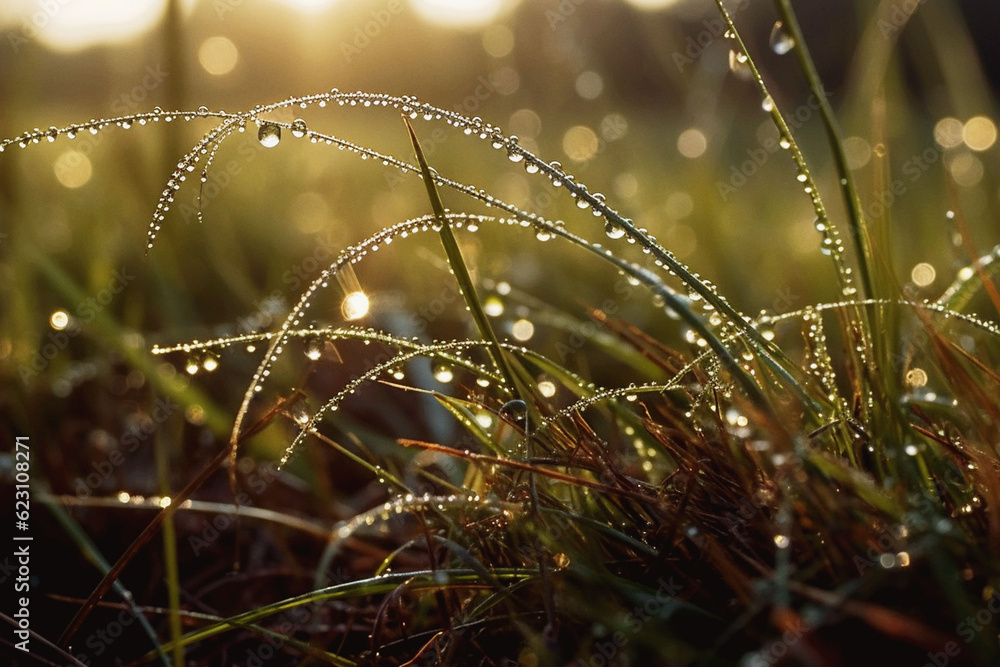 Nature, dew drop and morning with grass in forest ground for rain ...