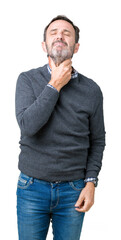 Sticker - Handsome middle age senior man wearing a sweater over isolated background Touching painful neck, sore throat for flu, clod and infection