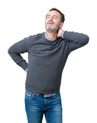 Poster - Handsome middle age senior man wearing a sweater over isolated background Suffering of neck ache injury, touching neck with hand, muscular pain