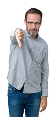 Sticker - Handsome middle age elegant senior man wearing glasses over isolated background looking unhappy and angry showing rejection and negative with thumbs down gesture. Bad expression.