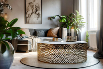 Close up of brass metal mesh round coffee table near black sofa against window. Bohemian style home interior design of modern living room. Created with generative AI