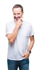 Sticker - Middle age hoary senior man wearing white t-shirt over isolated background looking confident at the camera with smile with crossed arms and hand raised on chin. Thinking positive.