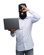 © Krakenimages.com - Business hacker man holding a computer laptop with happy face smiling doing ok sign with hand on eye looking through fingers