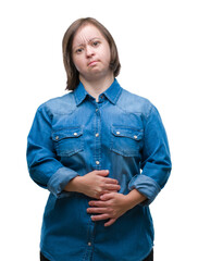 Canvas Print - Young adult woman with down syndrome over isolated background with hand on stomach because nausea, painful disease feeling unwell. Ache concept.