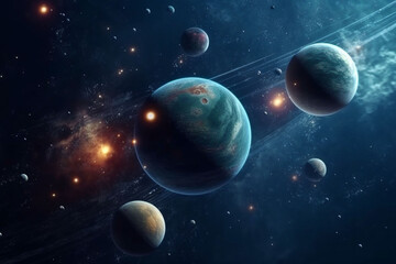 space, planets and night in solar system, universe and galaxy with jupiter, mars and pluto science. 