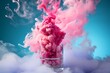 Puffs of pink smoke in front of a blue background stock photo, in the style of bold color blobs, resin, juxtaposed imagery, realistic hyper