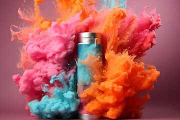 pink aerosol can with cloud of colored powders stock photo, in the style of light orange and teal, v